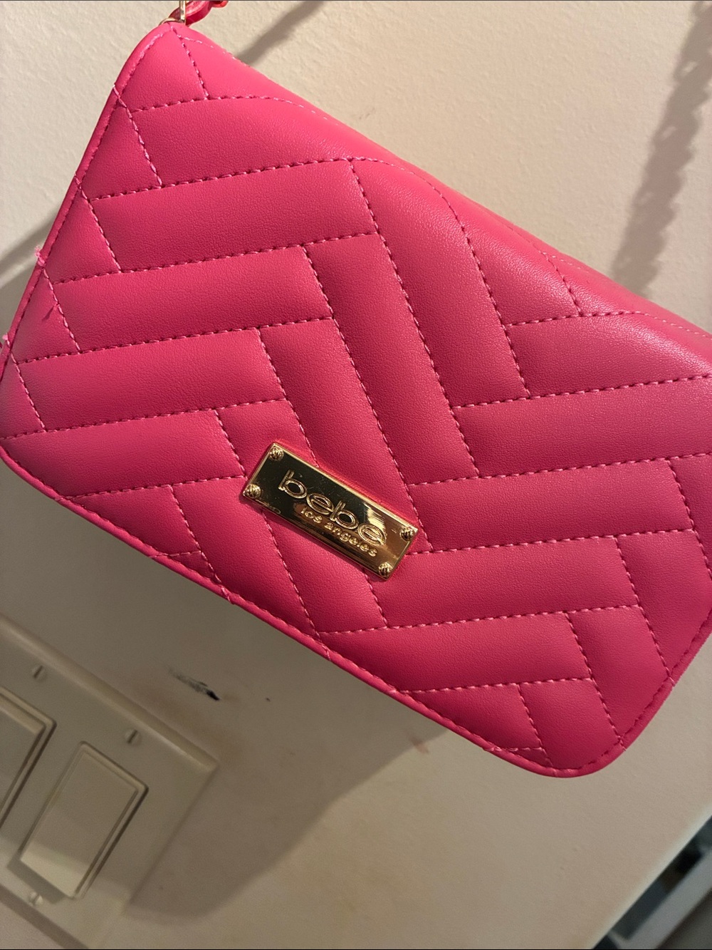 bebe Quilted Hot Pink Crossbody with Gold Plate